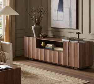 61" Mid-Century Modern TV Stand – Walnut Media Console with Wave Design