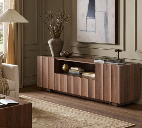 61" Mid-Century Modern TV Stand – Walnut Media Console with Wave Design
