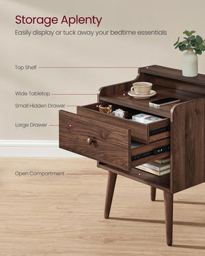 Nightstand Set of 2 with Hidden Drawer & Solid Wood Legs
