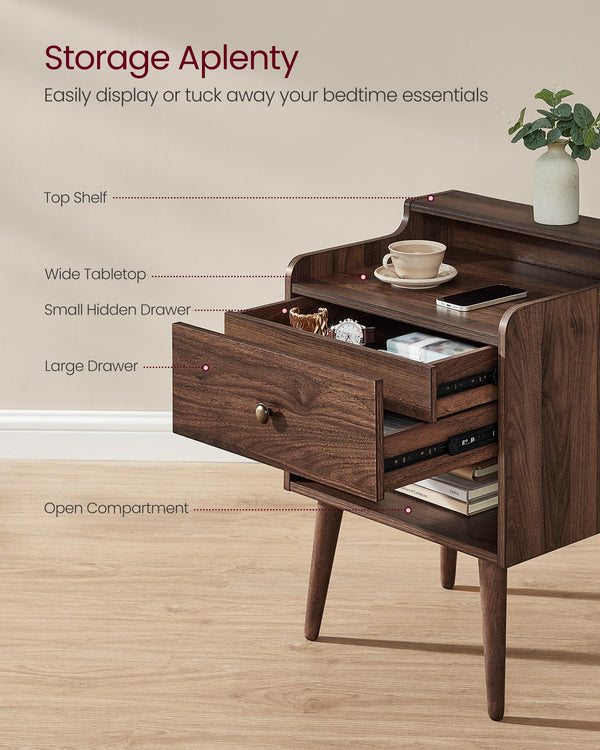 Nightstand Set of 2 with Hidden Drawer & Solid Wood Legs