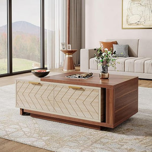 Tribesigns Extendable Coffee Table with 2 Storage Drawers, Dual-Tone Center Table with Sliding Tabletop, Multi-Functional Hidden Storage Wooden Rectangle Cocktail Table for Living Room (Brown & Black)