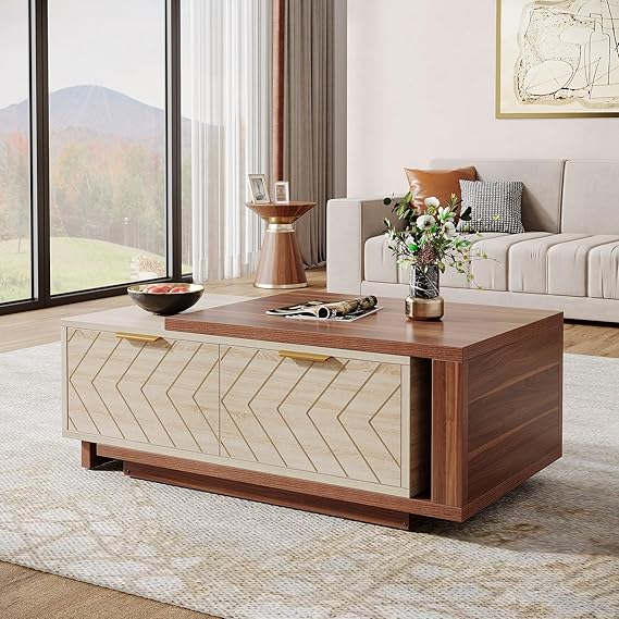 Tribesigns Extendable Coffee Table with 2 Storage Drawers, Dual-Tone Center Table with Sliding Tabletop, Multi-Functional Hidden Storage Wooden Rectangle Cocktail Table for Living Room (Brown & Black)