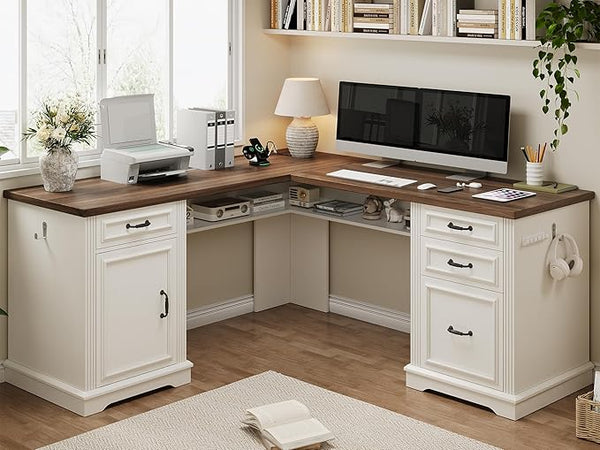 L-Shaped Farmhouse Executive Desk with Drawers & Charging Station