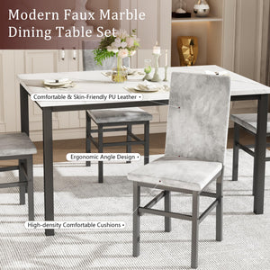 5-Piece Faux Marble Dining Table Set with 4 Upholstered Chairs