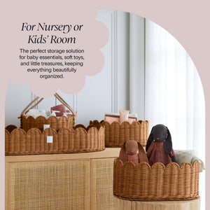 BEBE BASK Premium Scalloped Basket Set Of 2 - Scallop Basket - 16 x 10 x 7 Inch - Hand-Woven Elegant Wicker With Scalloped Edge - Nursery Storage (Mocca)