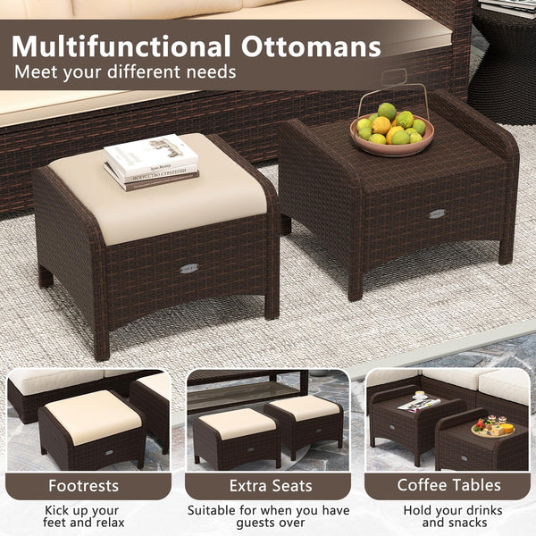 Outdoor PE Rattan Ottoman Set of 2 with Removable Cushions