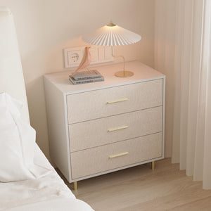 7-Drawer White Dresser with Linen-Textured Fronts & Gold Accents