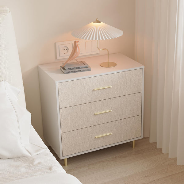 7-Drawer White Dresser with Linen-Textured Fronts & Gold Accents