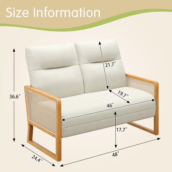 Linen Loveseat with Natural Rattan Arms & Oak Legs