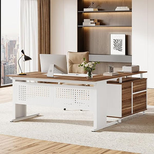 L-Shaped Executive Desk with File Cabinet and Storage Shelves
