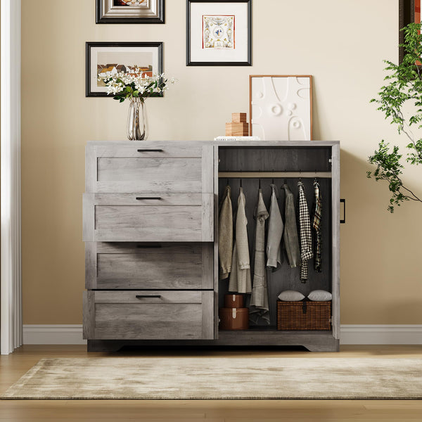 2-Door Wardrobe Armoire with 4 Drawers & Hanging Rod