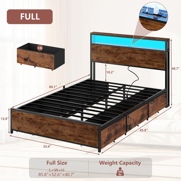 Full/Queen Platform Bed Frame with Storage Headboard, 6 Drawers & LED Lights