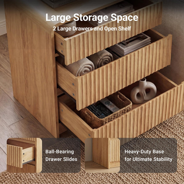 Fluted Nightstand with Charging Station & 3 Drawers
