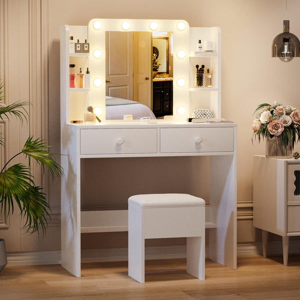 White Vanity Desk with Mirror and Lights