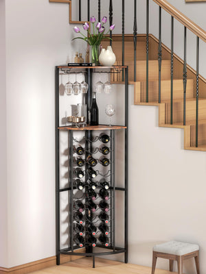 Corner Wine Rack with LED Strip Light & Glass Holder — 30 Bottle, 3-Tier, Brown