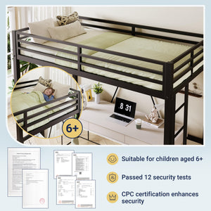 Twin Size Metal Loft Bed with Guardrail & Movable Ladder