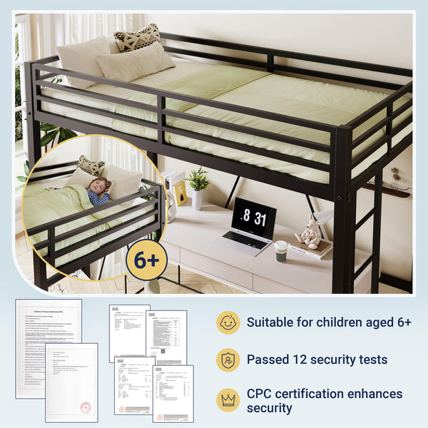 Twin Size Metal Loft Bed with Guardrail & Movable Ladder