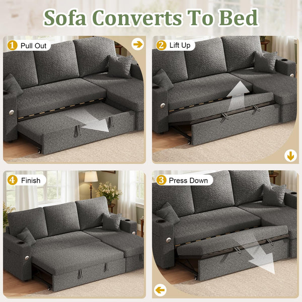 L-Shaped Sectional Sleeper Sofa with Storage Chaise, Charging Ports & Cup Holders
