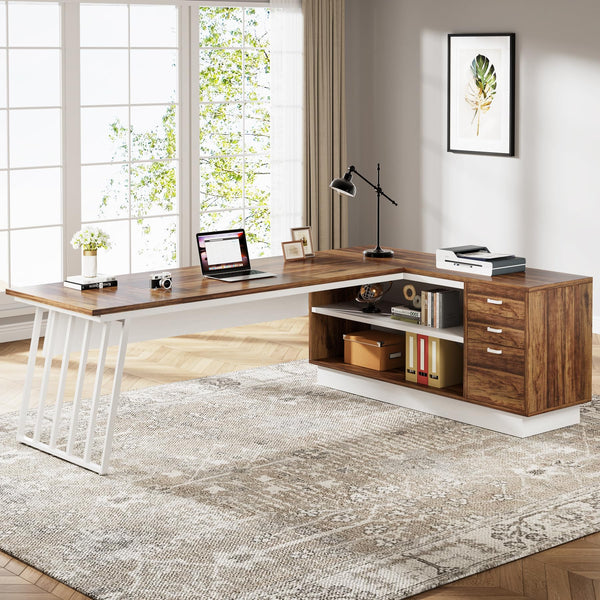 L-Shaped Executive Desk with File Cabinet & Storage