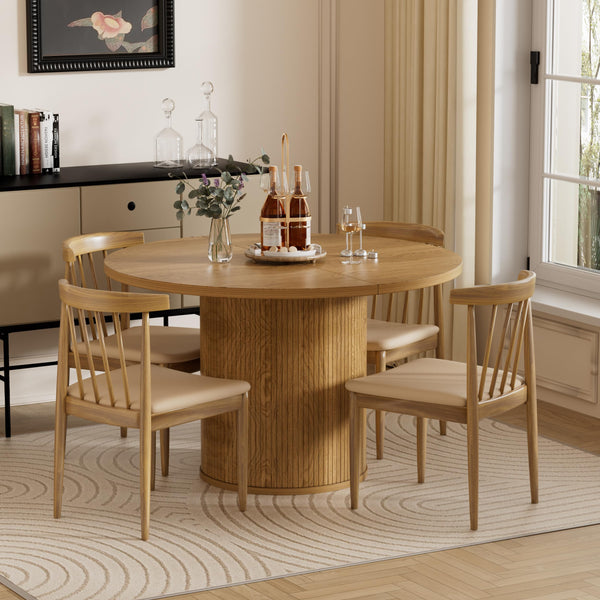 Extendable Round Dining Table 43.3"-59" with Wood Strip Base