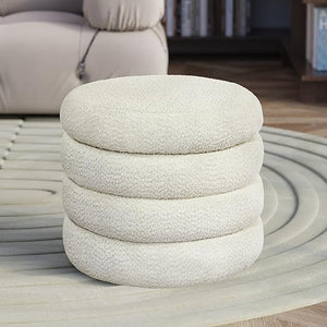Round Storage Ottoman with Removable Lid – Upholstered Vanity Stool