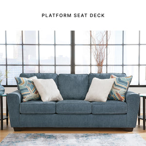 Blue Crosshatch Casual Sofa with Accent Pillows