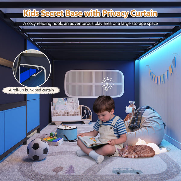 Low Loft Bed with Desk, Storage Drawers & LED Lights – Twin