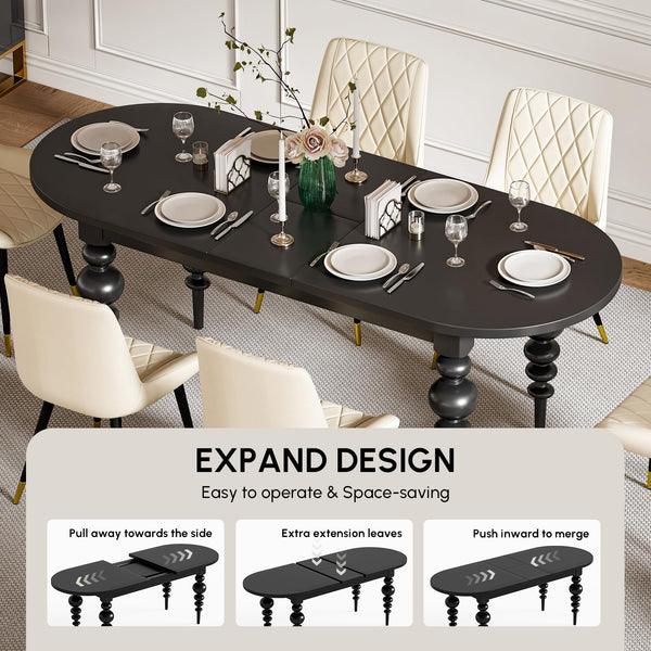 Oval Extendable Dining Table 67–79 Inch | Seats 4–8 | Black MDF