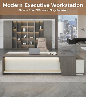 L-Shaped Executive Desk with Drawers & LED Lighting