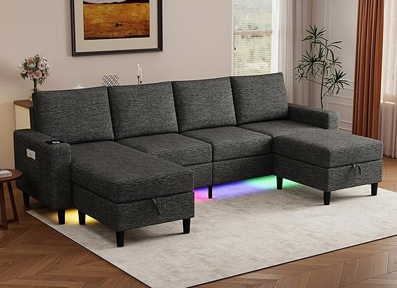 U-Shaped Sectional Sofa with RGB LED Light & USB Charging