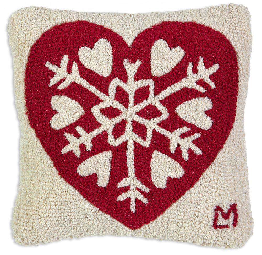 Hand-Hooked Wool Snowflake Heart Throw Pillow – 14 x 14 Inch