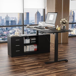 L-Shaped Electric Standing Desk with Drawers and Shelves, 63"