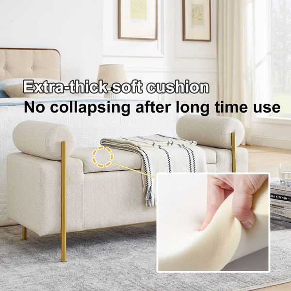 Upholstered Storage Ottoman Bench with Cylindrical Arms