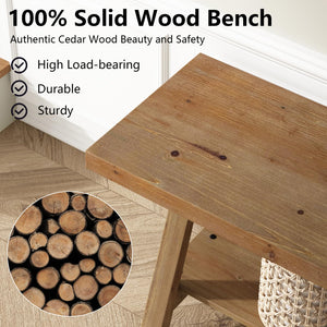 Solid Wood Farmhouse Entryway Bench with Storage Shelf