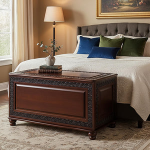 CARTESIAN Traditional Cedar Storage Chest, Dark Tobacco Finish, Cedar-Lined Interior with Safety Hinge, Carved Detailing, 40 x 18.5 Inches, Blanket and Linen Storage