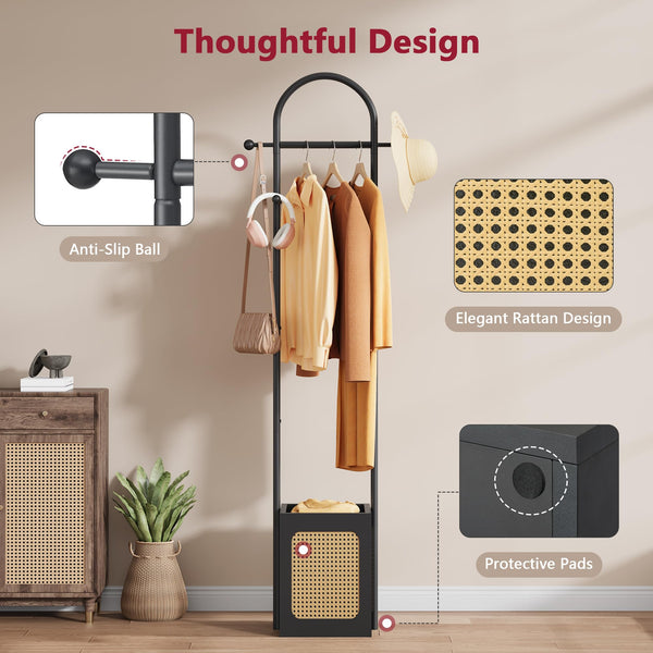 Coat Rack Stand with Rattan Design & Wooden Base
