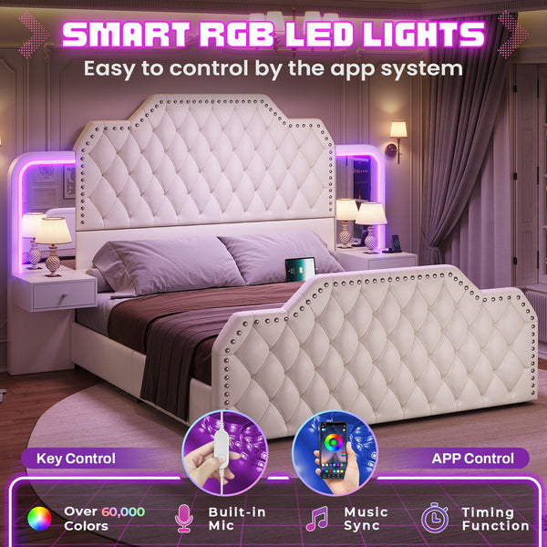 Queen Bed Frame with Storage Drawers, LED & Nightstands
