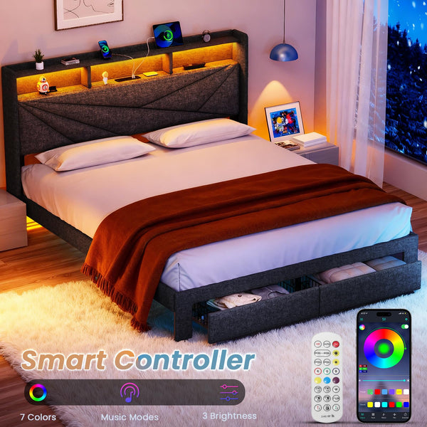 King Bed Frame with Storage Drawers & LED Headboard