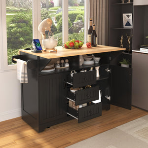 Rolling Kitchen Island with Drop Leaf Countertop & Power Outlets