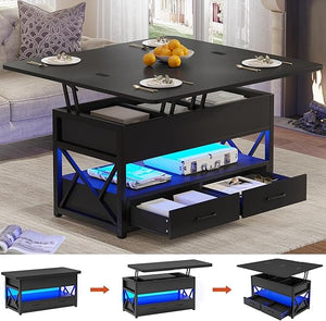 Lift Top Coffee Table with Storage, Drawers & LED Light