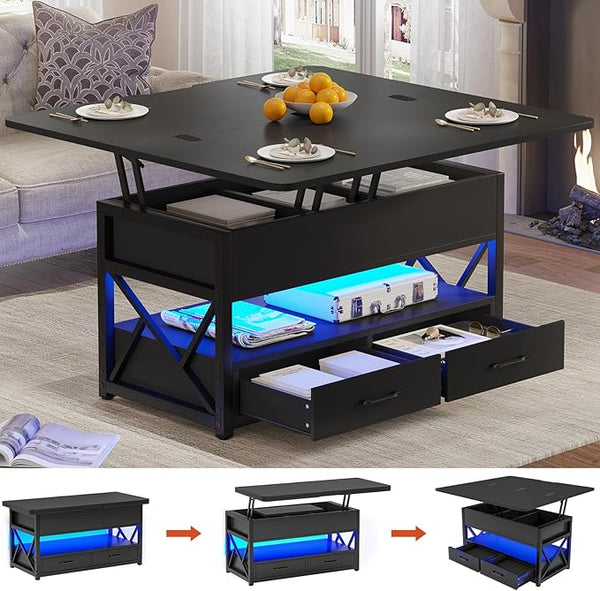 Lift Top Coffee Table 4-in-1 with Storage & LED Light