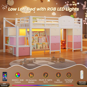 Twin Low Loft Bed with Storage Drawers, Bookcase & LED Lights
