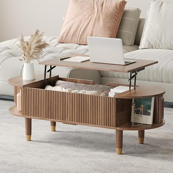 Oval Lift Top Coffee Table with Sliding Door Storage