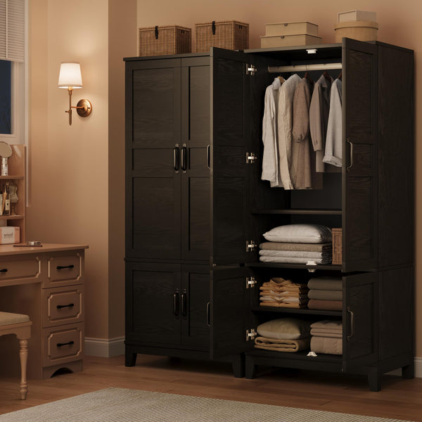 4-Door Armoire Wardrobe Cabinet with Adjustable Shelves and Hanging Rod