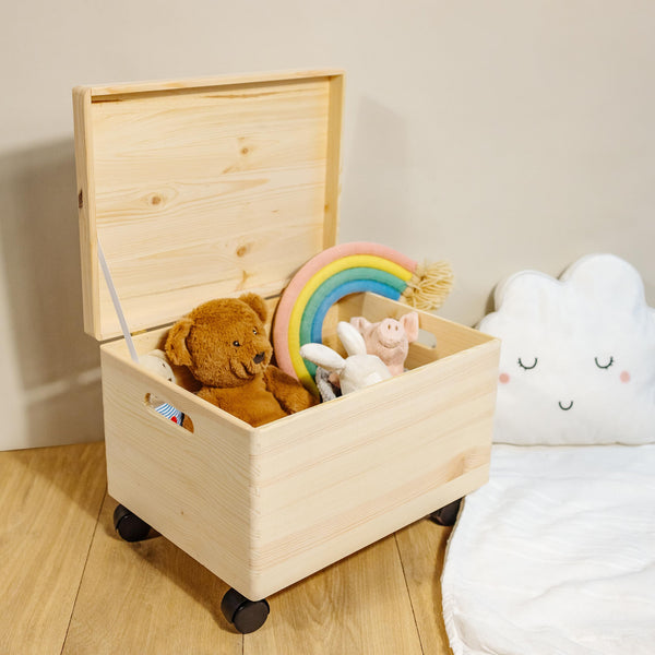 XXL Wooden Storage Box with Hinged Lid, Wheels & Handles