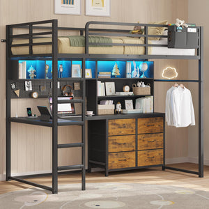Twin Loft Bed with Desk, Storage & LED Lights