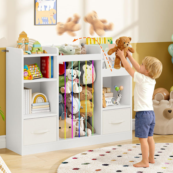 Kids Toy Storage Organizer with Stuffed Animal Storage — 5 Cubes & 2 Drawers, White