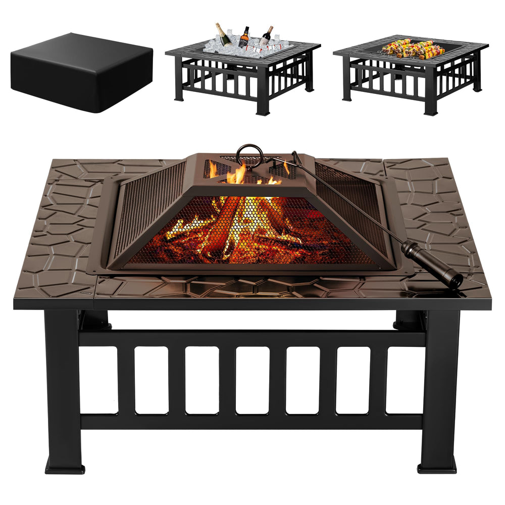 32-Inch Square Outdoor Fire Pit Table with Waterproof Cover