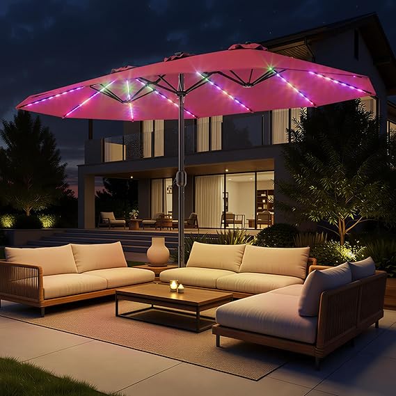 15ft Double-Sided Patio Umbrella with Base & RGB LED Lights