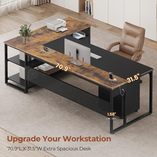 L-Shaped Executive Desk with File Cabinet & Power Outlets